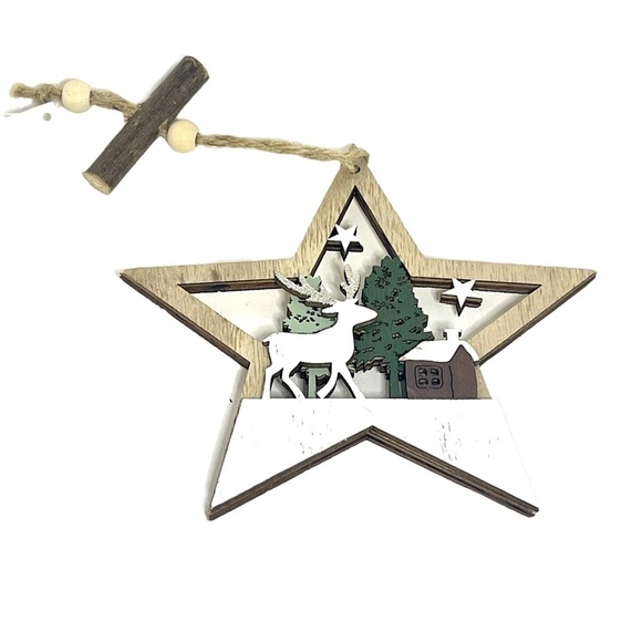 Other - Star Shaped Green and White Reindeer in a Forest Christmas Ornament